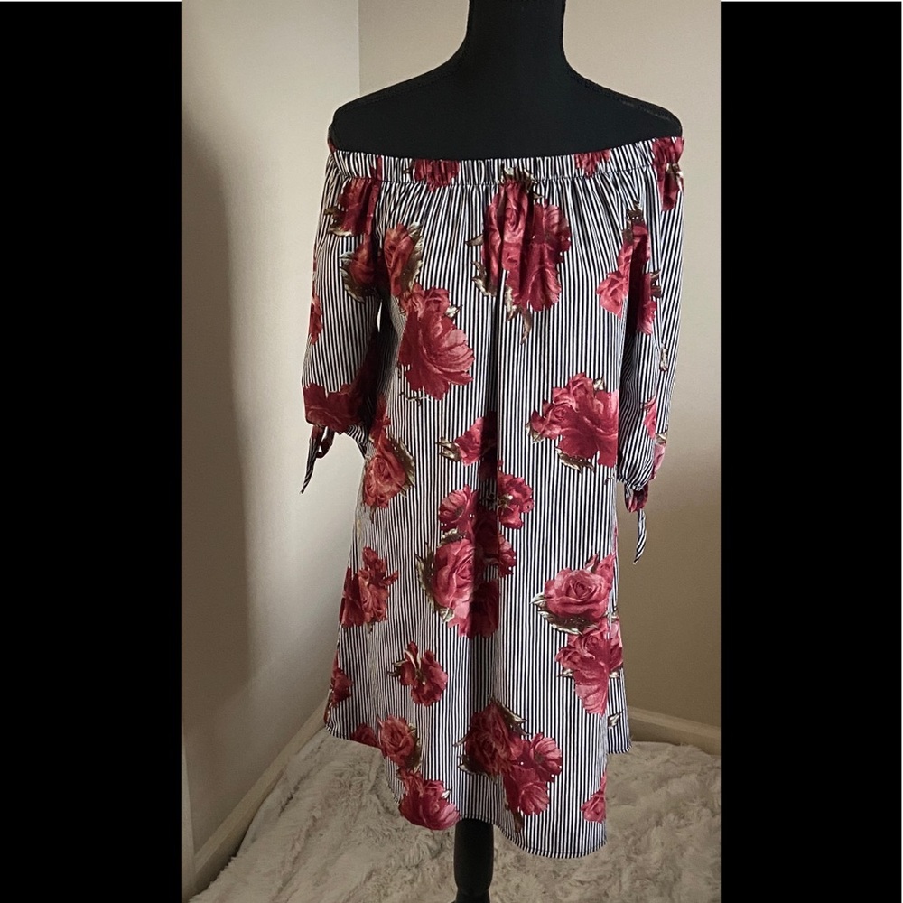Striped off the shoulder dress with floral detail